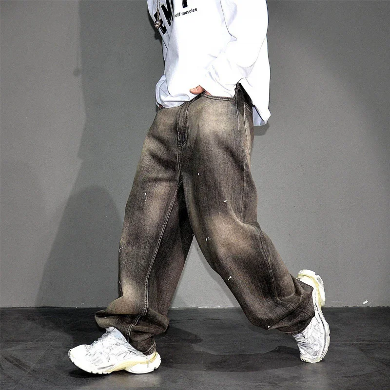 American Vintage Splash Paint Washed Distressed Denim Jeans Men, Trendy Loose Wide Leg Straight Trousers