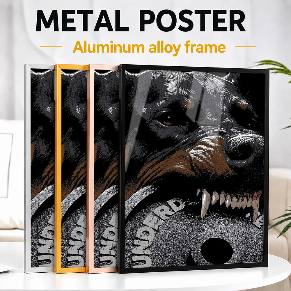 Aggressive Pitbull With Weight Plate Gym Framed Metal Print Customized Photo Powerful Training Style Wall Art For Fitness Club