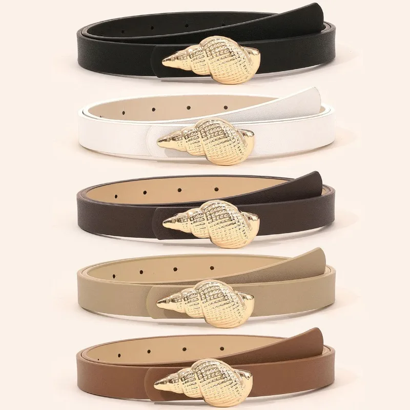 Fashionable and Unique Metal Conch-Shaped Buckle Slim Belt for Women  Versatile Simple and Sleek Belt for Dresses and Trousers