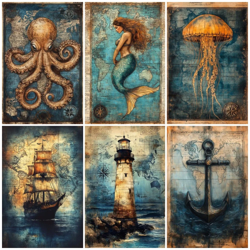 Impresiones de carteles náuticos vintage para sala de estar, decoración retro para el hogar, mapa del tesoro del mar antiguo