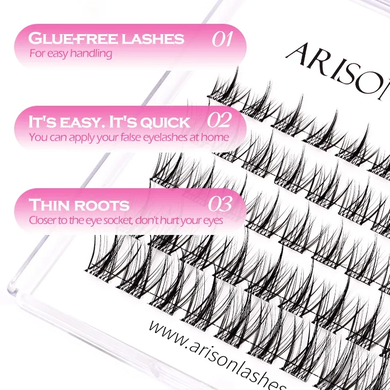 ARISON 50 Cluster C/D Self Adhesive Eyelashes DIY Cluster Lashes No Glue Individual Lash Pre Glued Soft Quick Eyelash Extension