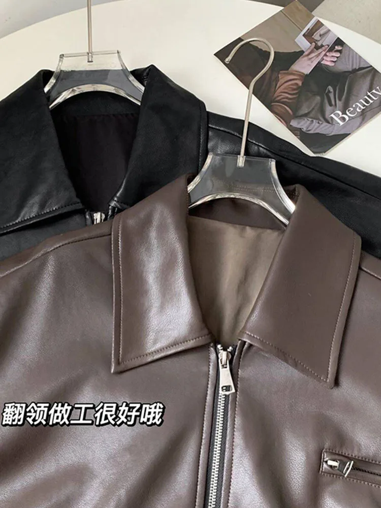 American Vintage Outerwear Turn-Down Collar  Long Sleeve PU Coats High Street Autumn Winter Classical Leather Jacket New Design