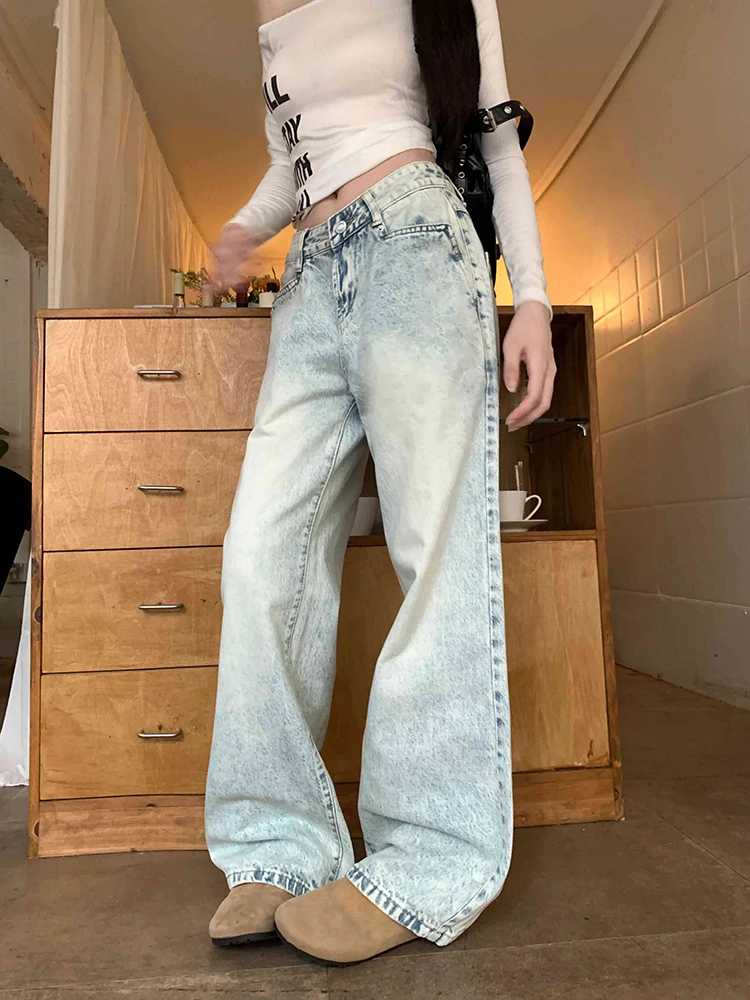 ReddaChic Women Deconstructed Pocket Straight Jeans Versatile Light Wash Do Old Loose Fit Baggy Denim Pants Lounge Streetwear