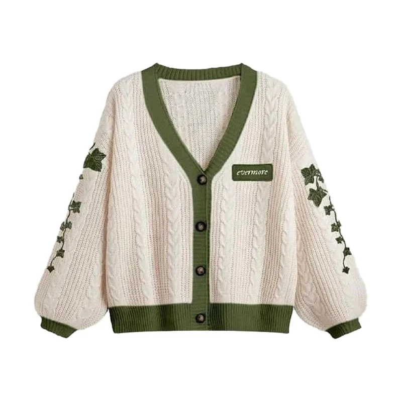 Cardigan Version Green Vine Embroidered Button Down Cable Knit Sweater Women Fall Winter Vintage Outfit