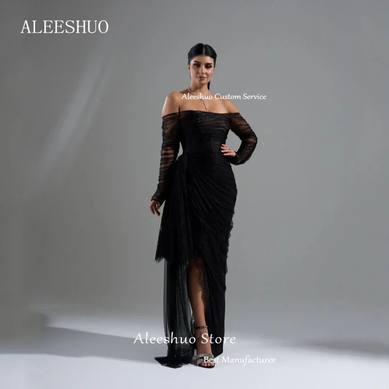 فستان سهرة من Aleeshuo باللون الأسود بتصميم حورية البحر من الدانتيل بسيط بدون أكتاف وفتحة جانبية للحفلات الراقصة مثير بدون ظهر مخصص