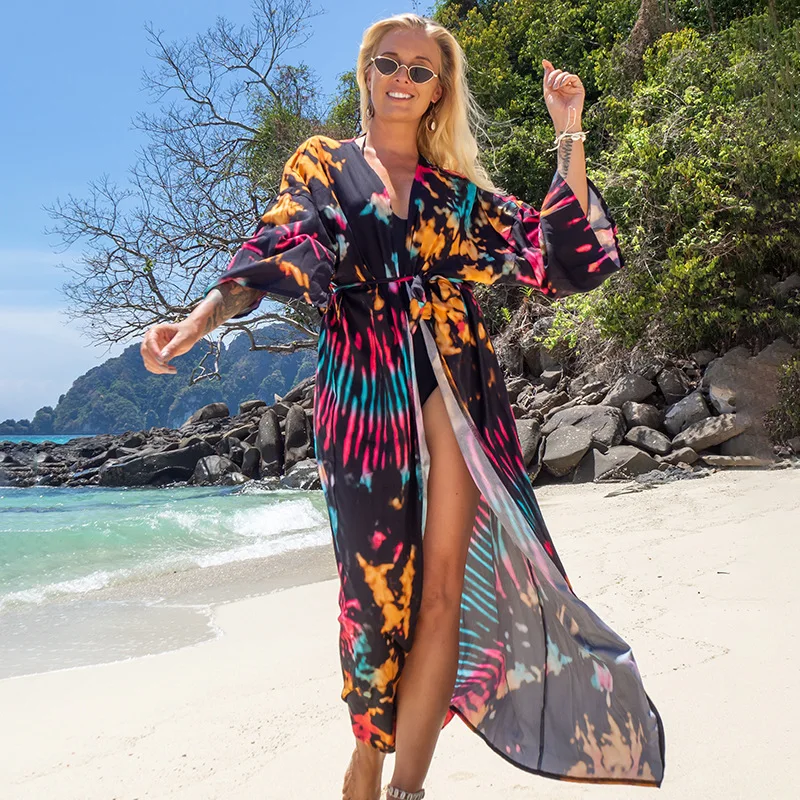 Nova praia over size cover-ups 2025 impressão folha verde praia túnica bikini cobrir camisa de praia feminina vestido longo