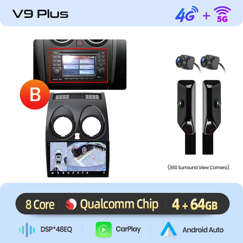 Junsun 360° °   Panoramische Camera 8-core Autoradio Voor Nissan Qashqai J10 2006-13 Draadloze CarPlay Scherm Android auto Stereo GPS Nav