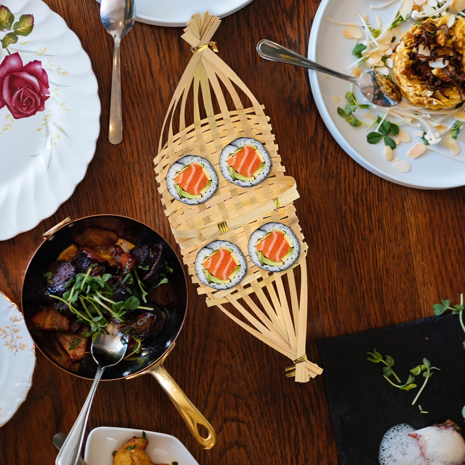 2 قطعة سلال الطعام المنسوجة الخيزران اليدوية وجبة خفيفة كعكة الفاكهة لوحة متعددة الأغراض السوشي عرض المنزل فندق التخزين الزخرفية