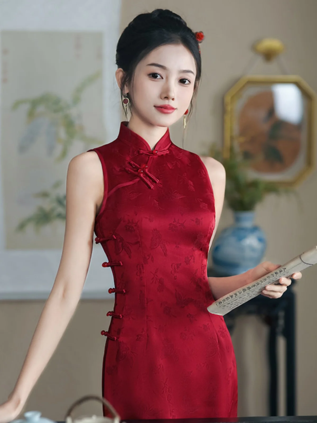 

Красное летнее вечернее платье без рукавов в новом китайском стиле, улучшенное, молодежное, с завышенной талией, в стиле ретро