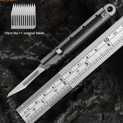 Mini Titanium Alloy Surgical Knife Outdoor Camping Open Box Portable Art Push Knife with 10pcs Blades