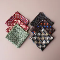 23cm Plaid Floral Printed Pocket Square Mens Brown Green Handkerchief Simulated Silk Polyester Pocket Towel Tuxedo Hanky Cravat