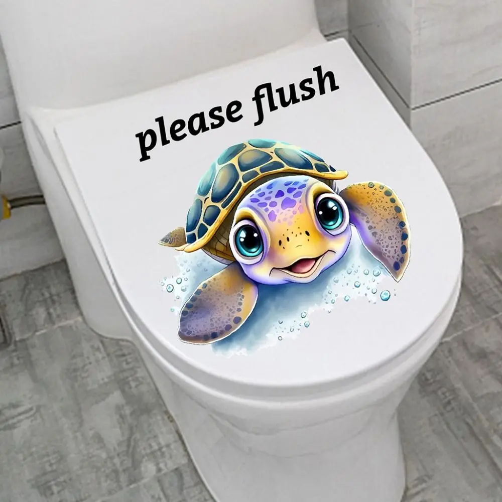 Please Flush Sea Animal Toilet Sticker Washable PVC Bathroom Decals Removable Cute Toilet Sign Sticker Living Room