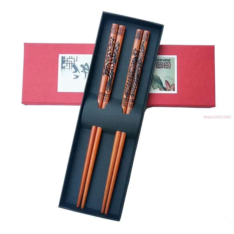 

2Pairs/Lot Chinese Dragon and Phoenix Hand Carving Wooden Chopsticks For Wedding Couple's Family Chopsticks Kitchen Tableware