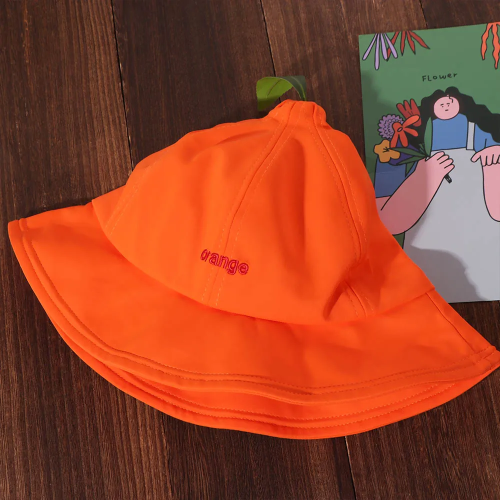 

Quick-dry Orange Fisherman Hat Cotton UV Protection Creative Orange Bucket Cap Sunscreen Big Brim Embroidered Letter Sun Hat