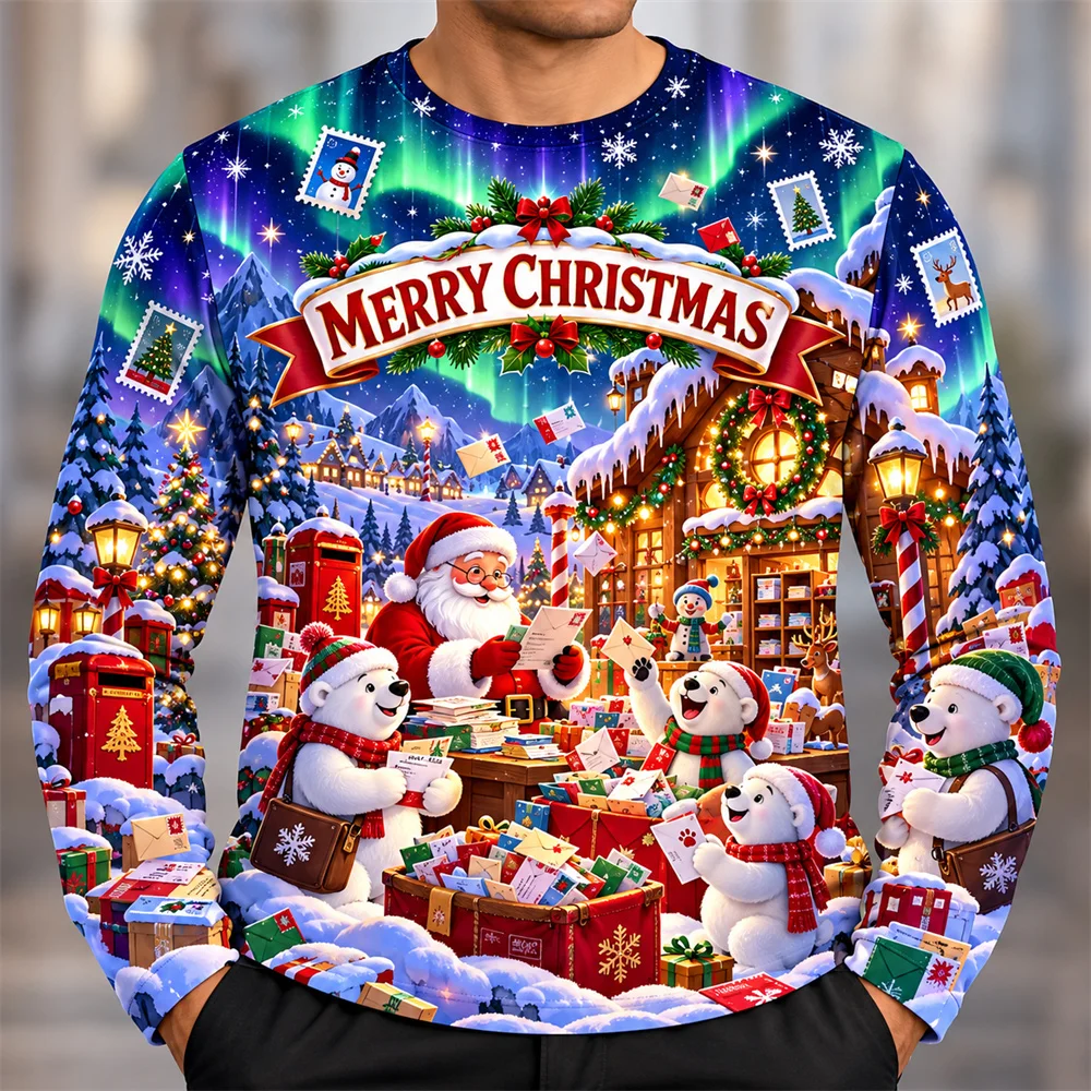 Merry Christmas Santa Claus Long Sleeve T Shirt for Men 3D Print Cute Snowman Winter Village Graphic Crew Neck Holiday Party Top
