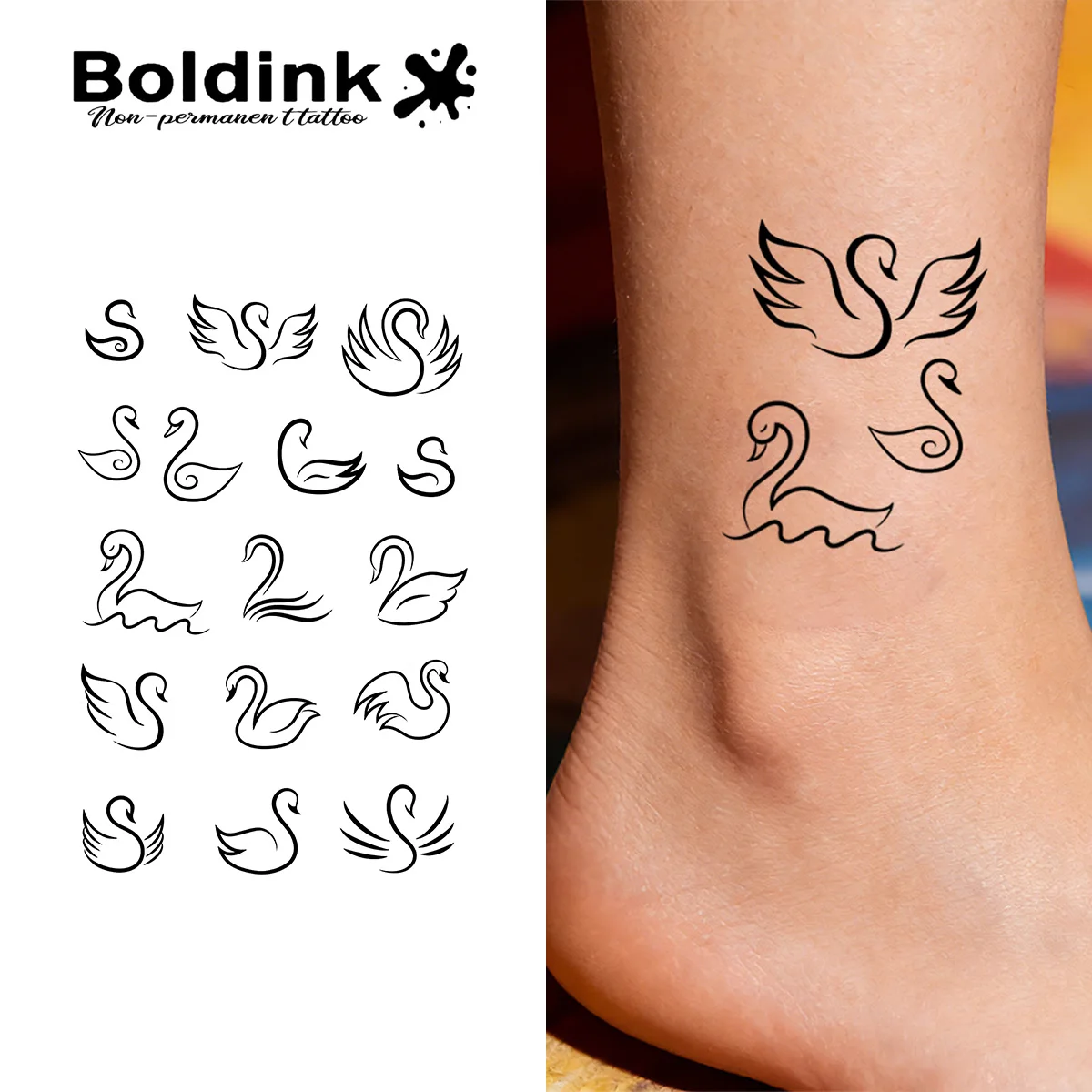 

BOLDINK Swan Theme Moisturizing Tattoo Sticker Unisex Fashion Design Easy Apply Waterproof Lasts 1-2 Week