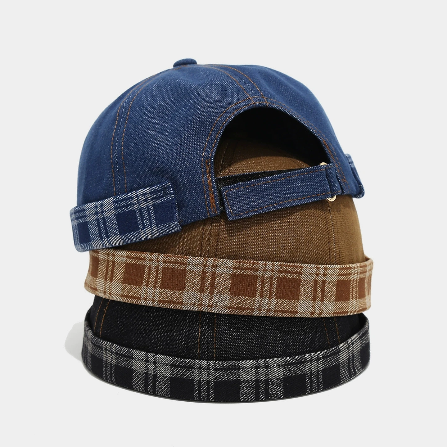 Adjustable Retro Plaid Denim  Melon Cap Unisex Fashion Brimless Beanie Yuppie Hat Stylish and Versatile Landlord Caps