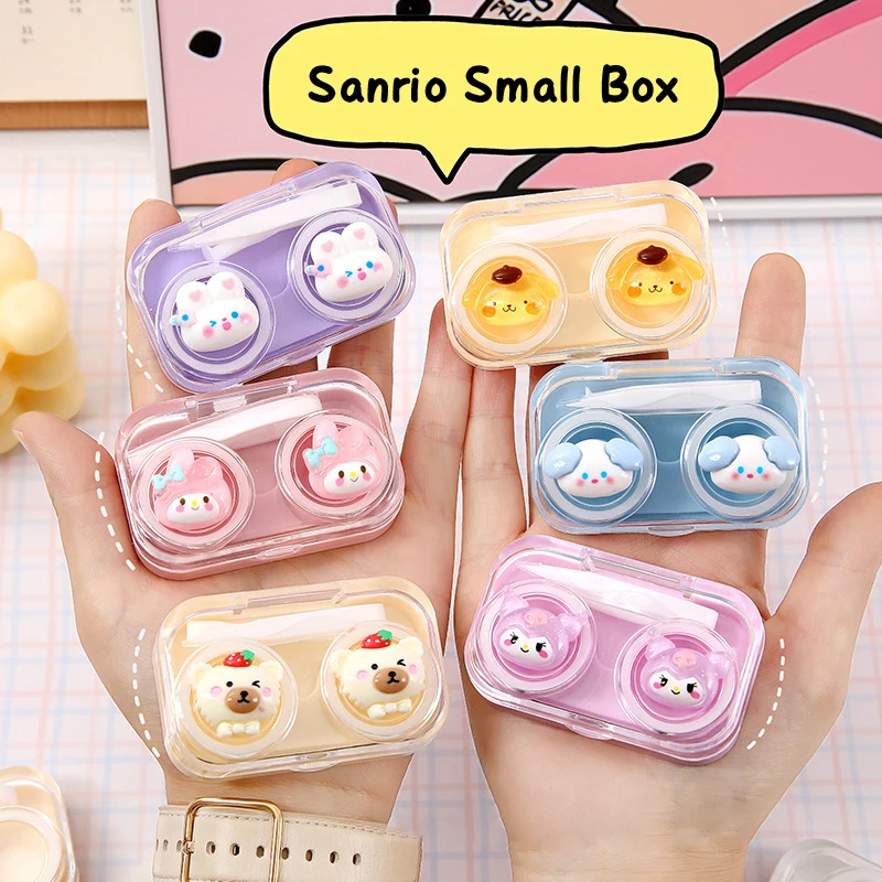 Caja de lentes de contacto Kawaii Sanrio Cinnamoroll Kuromi, estuche de lentes de contacto de viaje portátil con pinzas, dibujos animados, lentes lindas, herramientas de enfermería