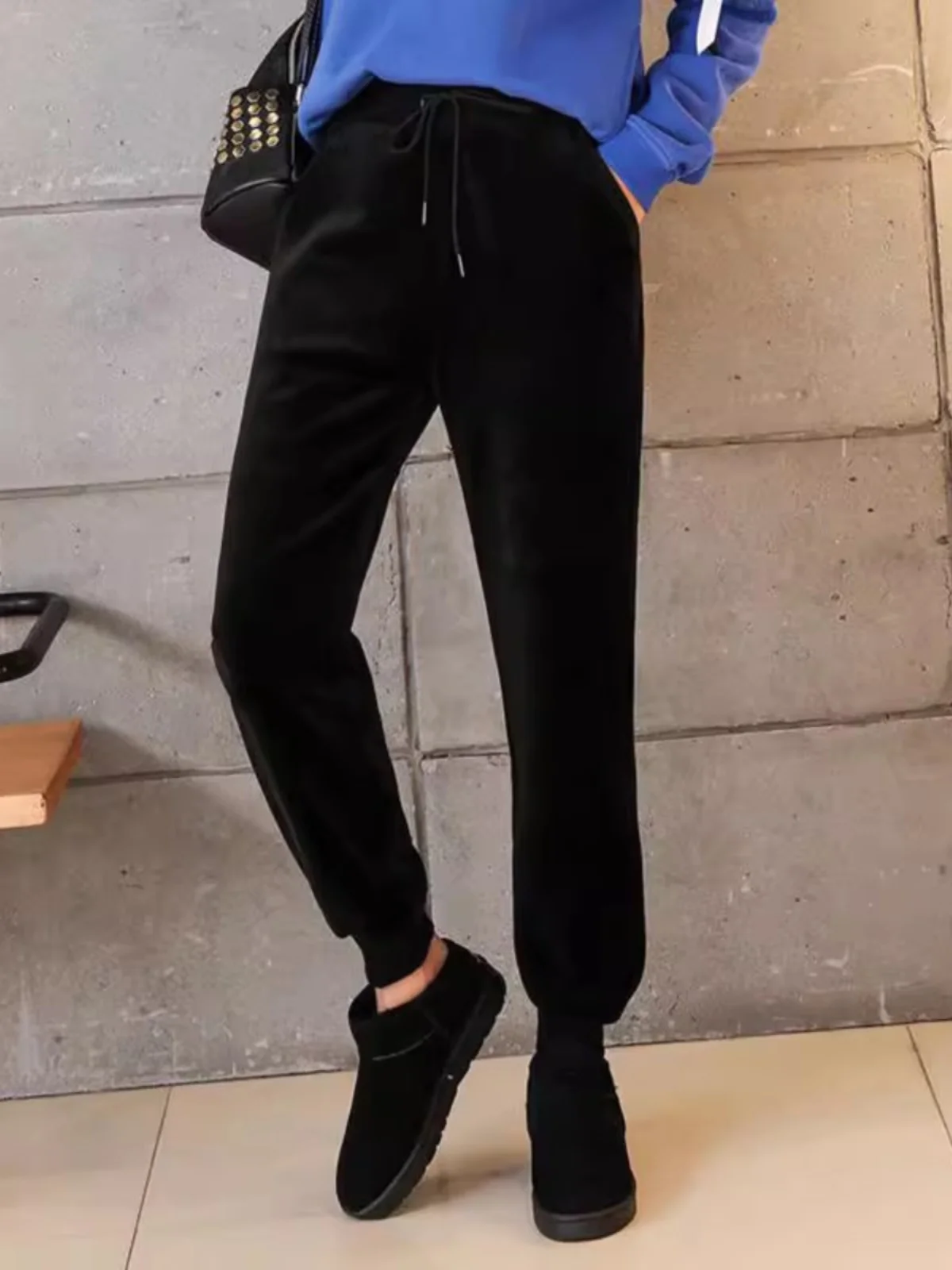 Pantalon de sport taille haute doublé en velours pour femme, ample, Harlan, chaud, grande taille, pour étudiante, automne et hiver