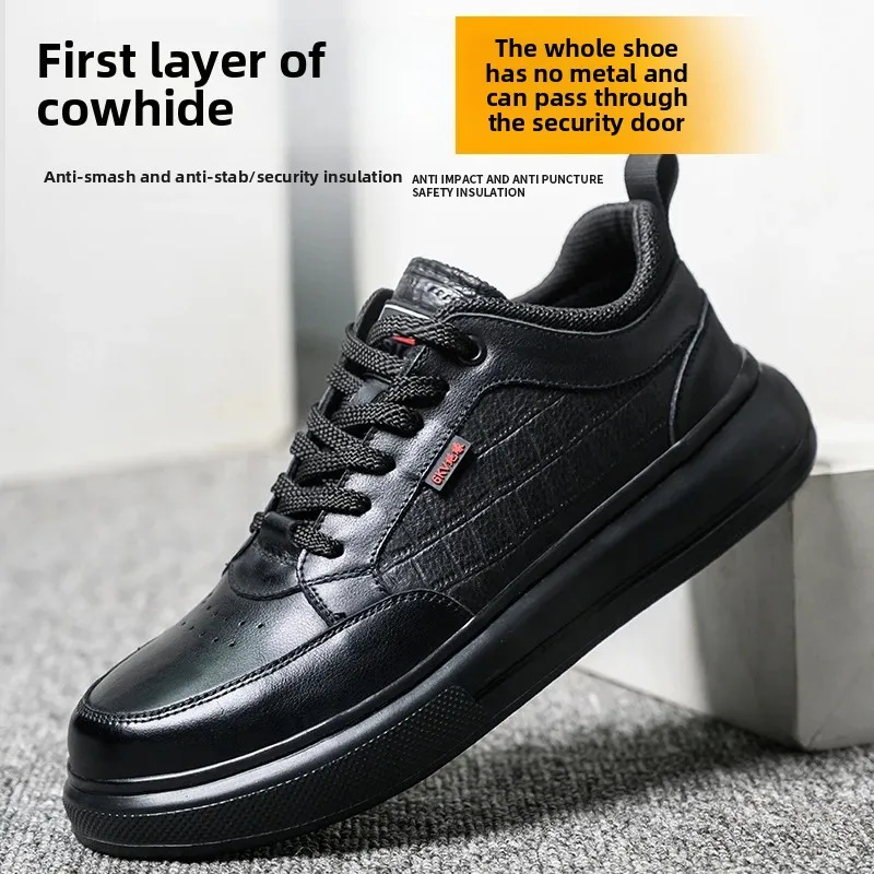 Fashion Cowhide Plastic Toe Caps Safety Work Shoes Insulated Electrician Labor Protection Boots Wear-resistant Male Footwear