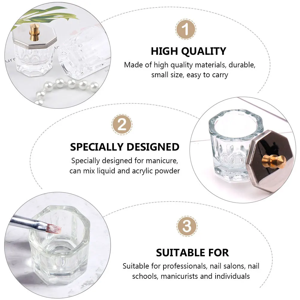 

Набор из 3 восьмиугольных стеклянных емкостей для маникюра: многоразовые контейнеры для акриловой пудры, не испаряющиеся, для нейл-арта