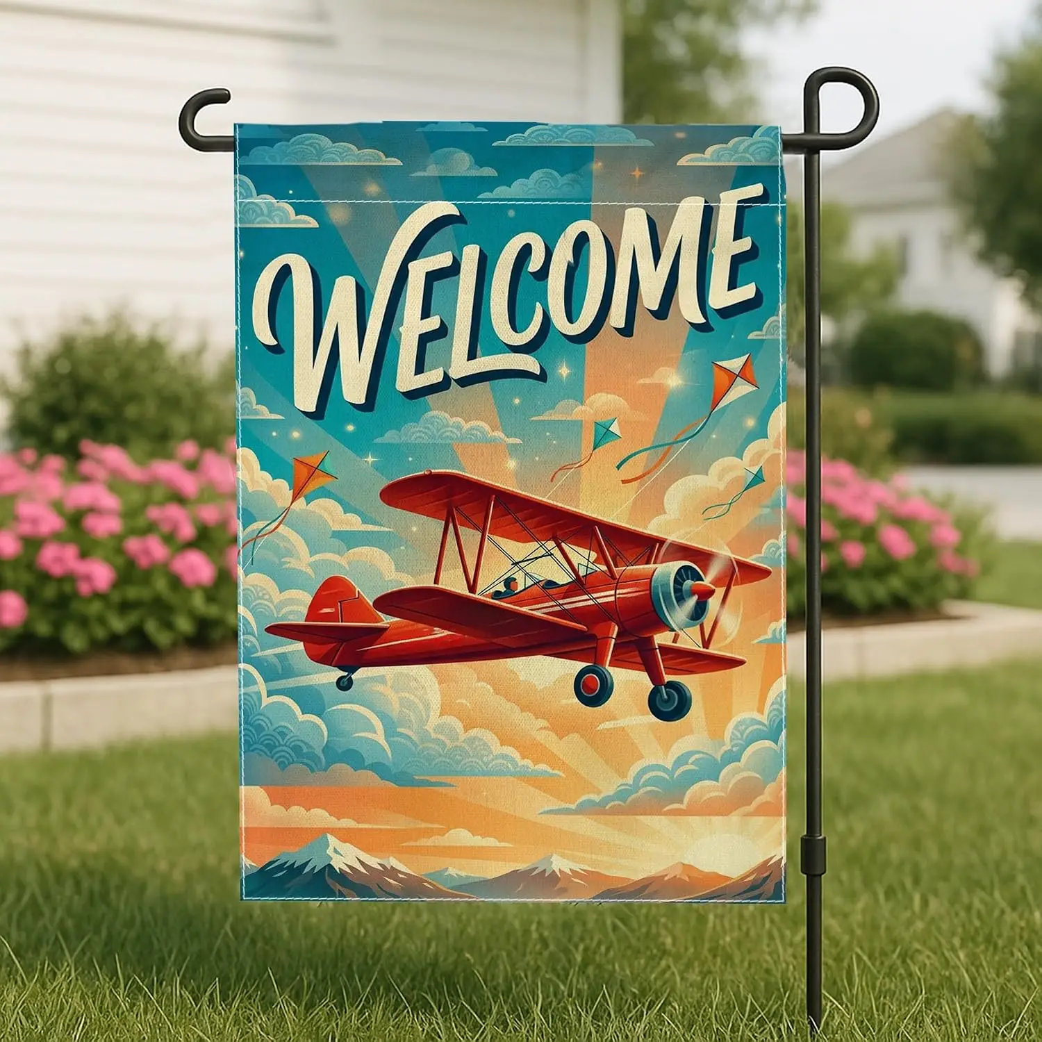 Airplane Garden Flag, Vintage Playful Kite Clouds Spring Blue Double Sided Burlap Small Garden Yard Flag for Outdoor Patio L yyi