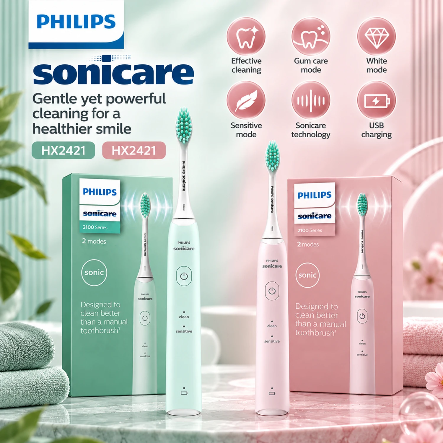 Philips HX2421 Sonicare Electric Toothbrush for Adults Gentle Gum Care Plaque Removal Rechargeable Tooth Brush Daily Oral Care