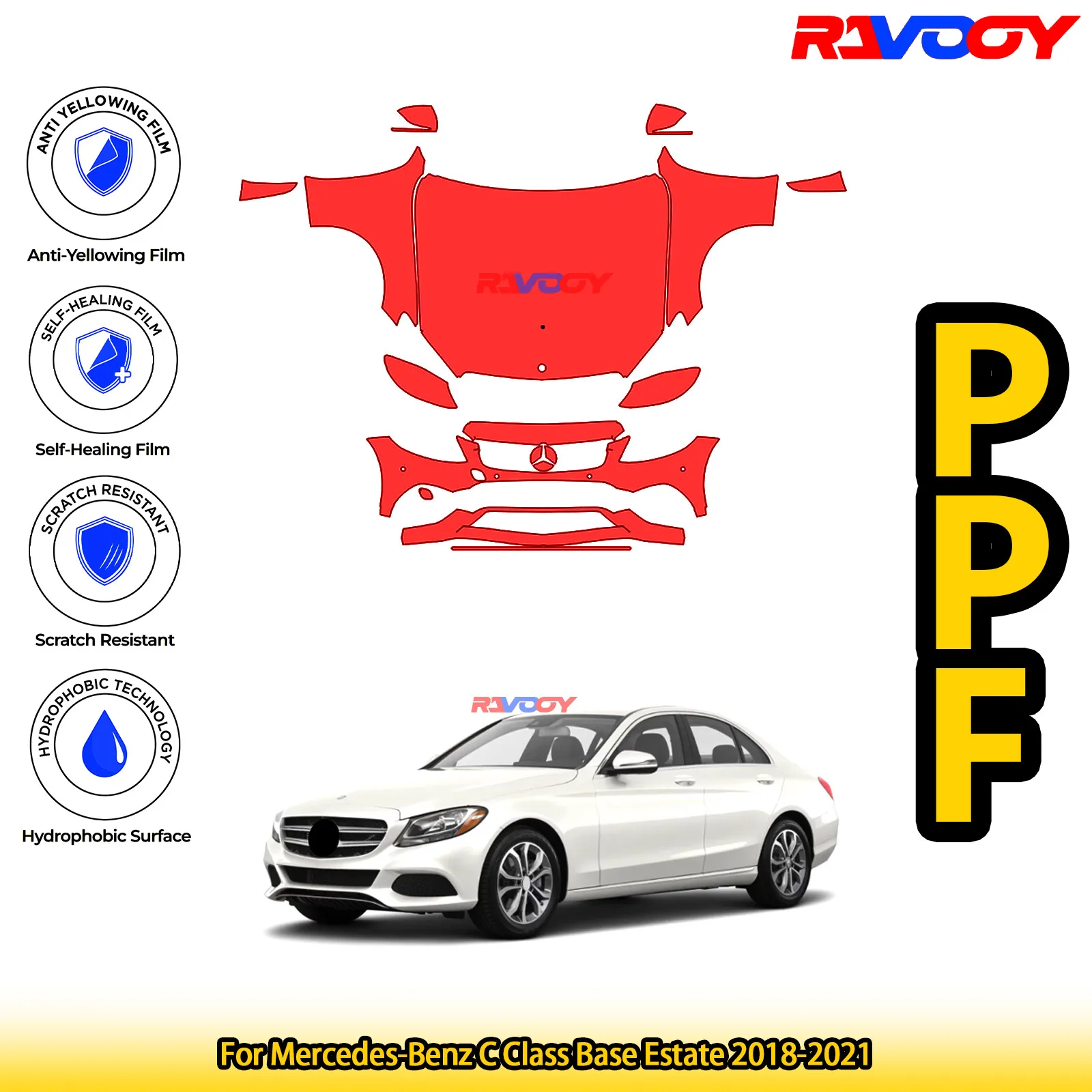 

For Mercedes-Benz C Class Base Estate 2018-2021 Glossy Matte Black Precut front PPF Kit Paint Protection Film