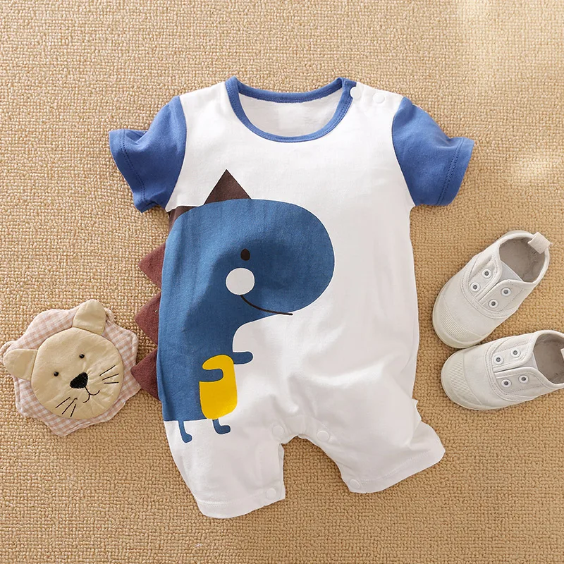 Baby Unisex Boy And Girl Newborn Jumpsuit Preschool Clothing Baby Summer Short Sleeve Cartoon Cute Blue Sleeve Dinosaur Jumpsuit