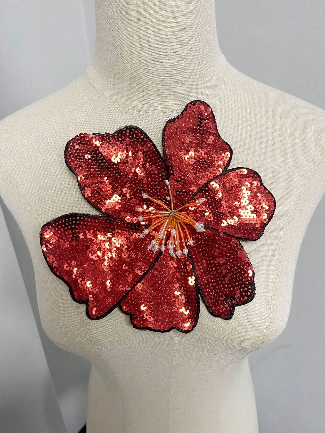 1 Piece 20*20CM Large Red Sequins Beads Flower Patch for Evening Dress Swimsuit DIY Applique