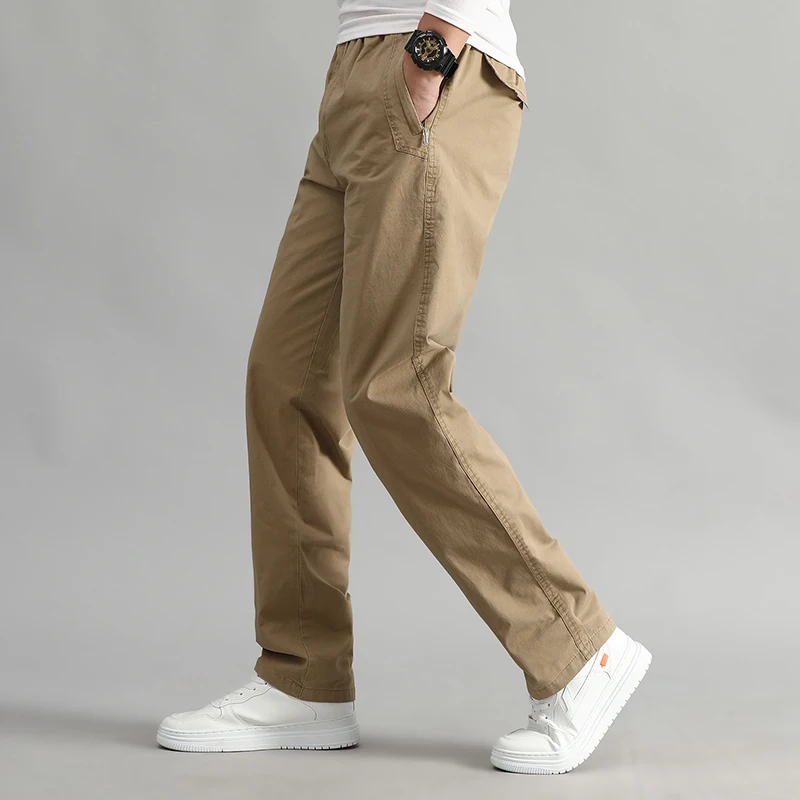 Men's Casual Cargo Pants Oversized Multi Pockets Trousers Plus Size Drawstring Baggy Pants Khaki Straight Trousers