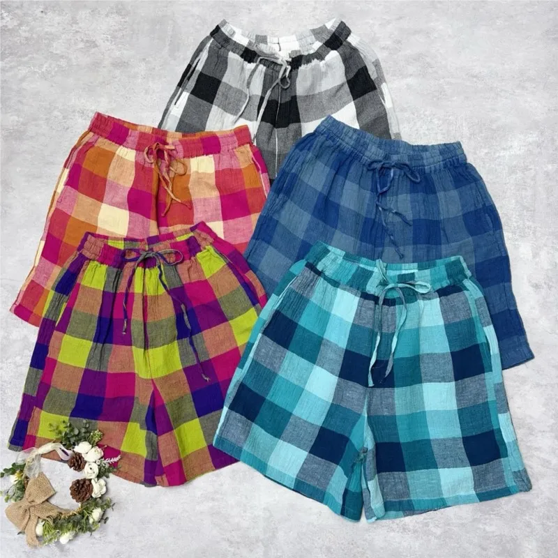 Johnature Pantaloncini da donna in lino tinto in filo nuovo estivo casual 2025 Pantaloncini da casa per le vacanze con cravatta allentata multicolore in vita elastica semplice