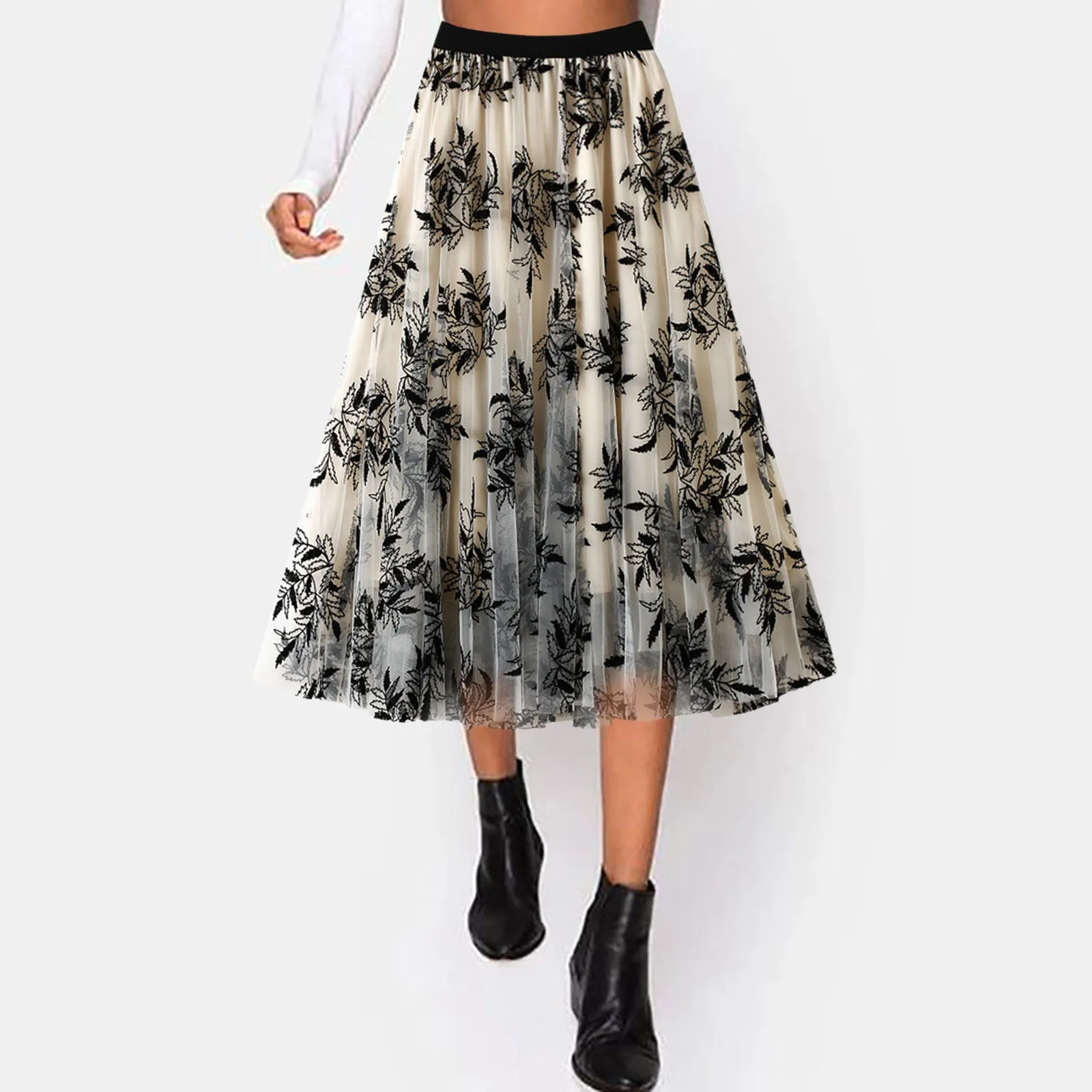 Elegant Floral Women Tulle Skirts High Waist Korean Flocking Pleated Midi Skirts Mesh Summer Office Ladies Skirt New Vestido