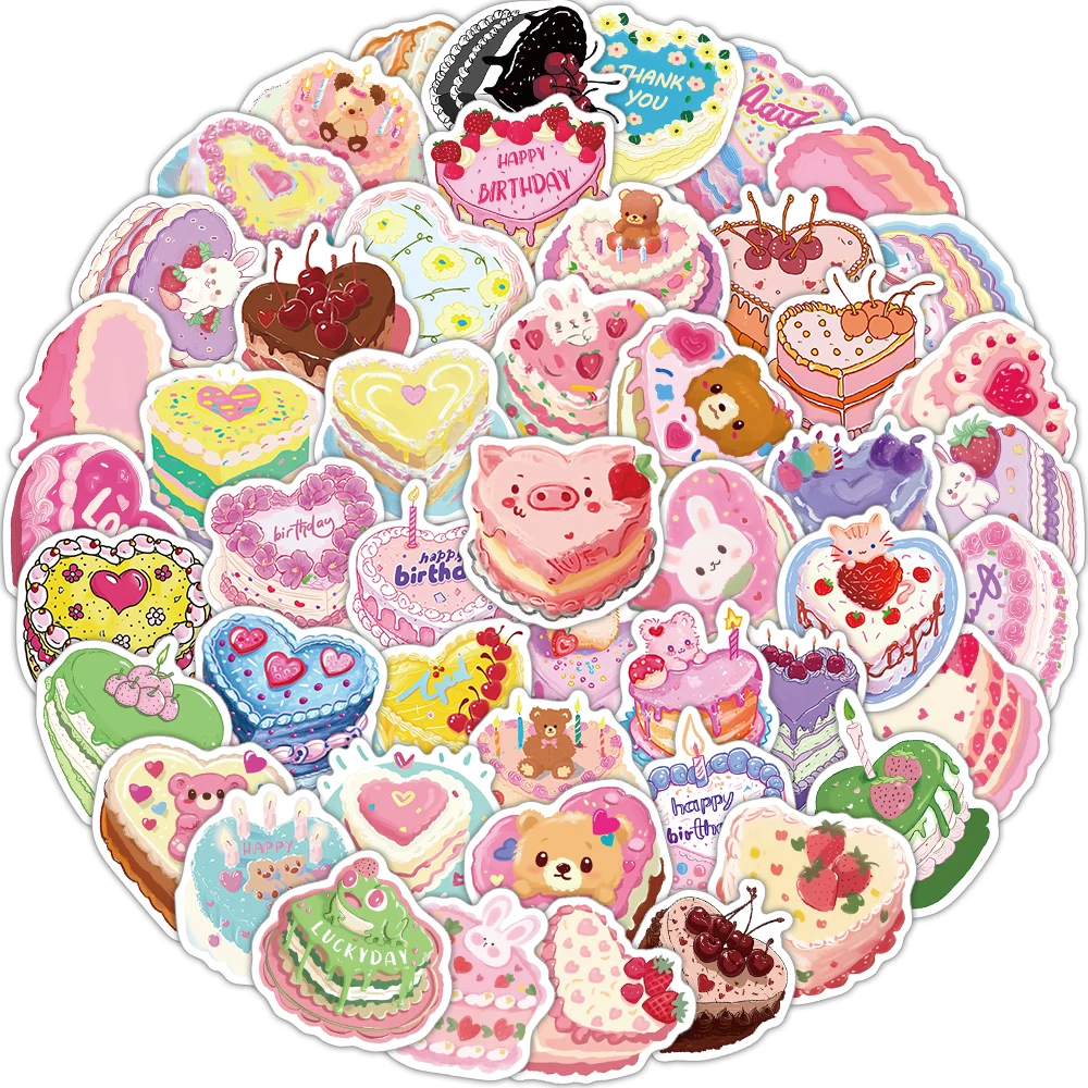50PCS Heart-Shaped Birthday Cake Graffiti Stickers Birthday Party/Gift Decoration Stickers Scrapbooking Collage Materials