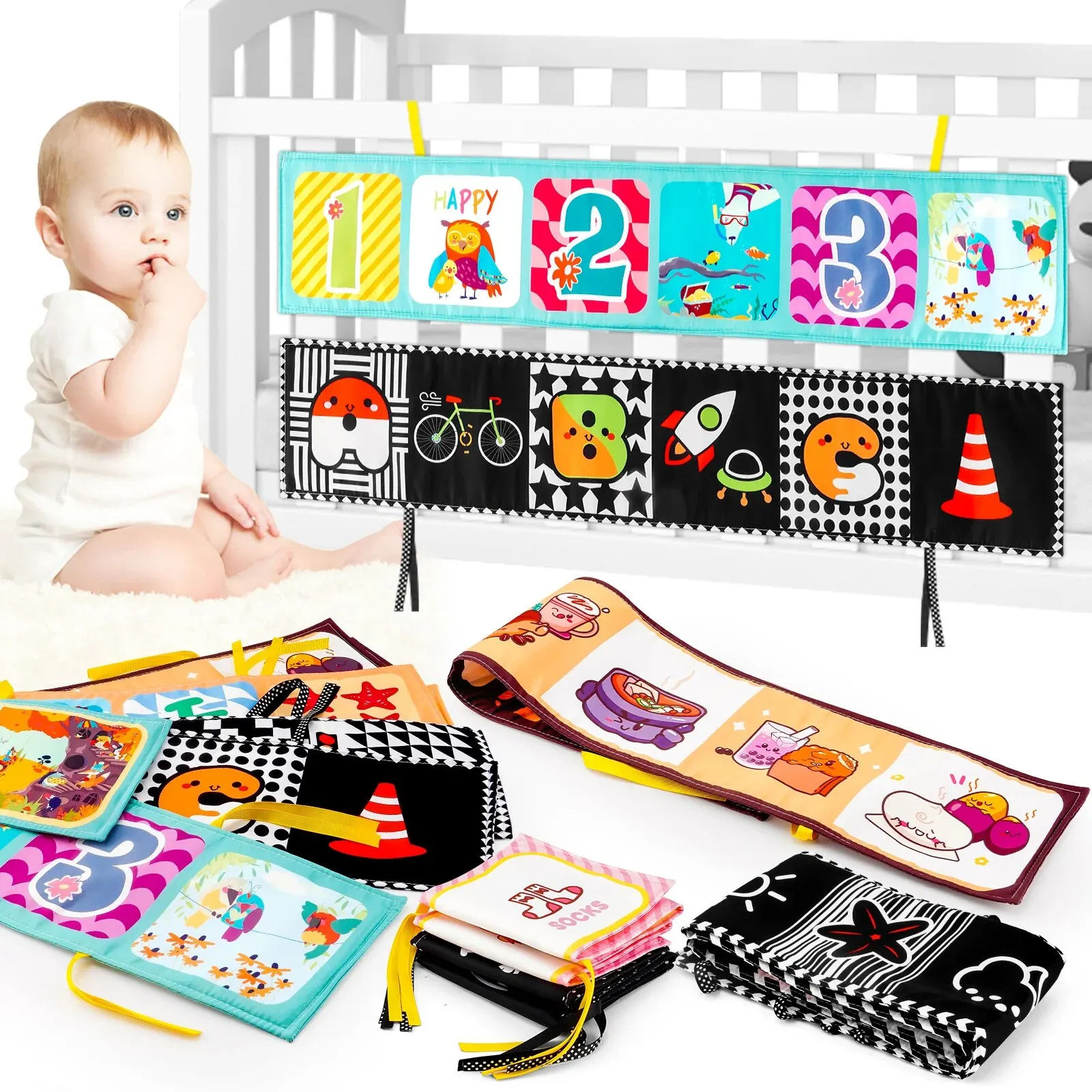 (1 Piece) Soft Cloth Baby Book Crunching, Washable, Chewable, Non-Toxic, Black and White Cognitive Cards Early Learning Toys