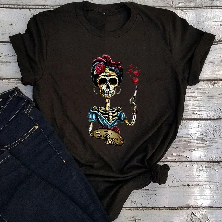 Skull Day of The Dead Graphic T Shirts Skeleton Woman Tshirts Mexican Heritage Flowers Black Tops Casual Kawaii Funny Clothes