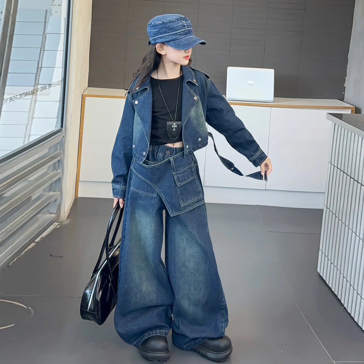 

Teenage Girls Clothes Sets Kids Spring and Autumn Clothing Denim Fashionable Korean Style Fried Street Wear Wide-Leg Pants 4-14Y