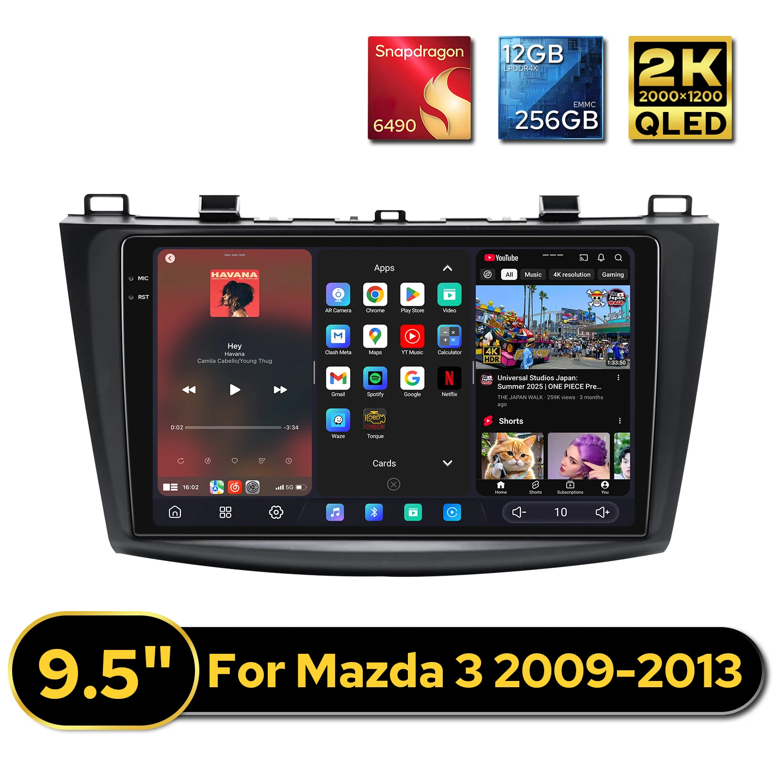 Premium 9.5''Car Radio for Mazda 3 2009-2013 2K QLED 12+256GB Android Multimedia Player CarPlay Dual Bluetooth Plug&Play