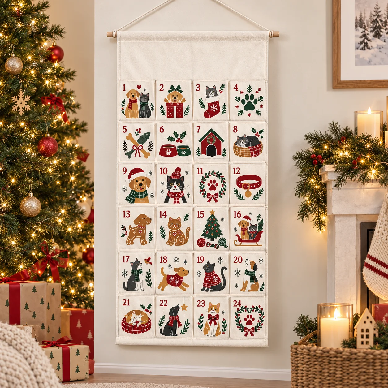 Custom Pet Christmas Advent Calendar 24 Pocket Canvas Hanging Bag For Dog Cat Treats Holiday Countdown Wall Decor Christmas Gift