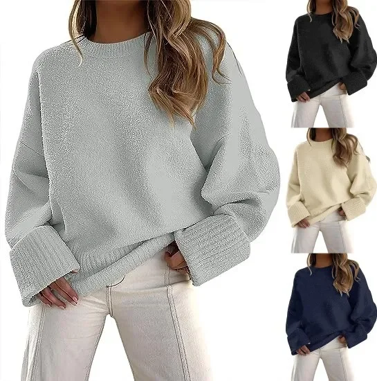

New Cross-border Knitting Hot Sale Winter European and American Versatile Street Style Round Neck Pullover Loose Women's Sweater