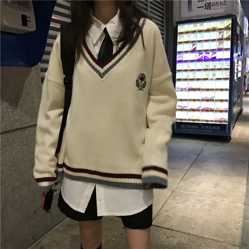 Japanese School Uniform Preppy Style Green Sweater Women 2022 Autumn Korean Fashion Loose Simple V-neck Casual School Sweater XL