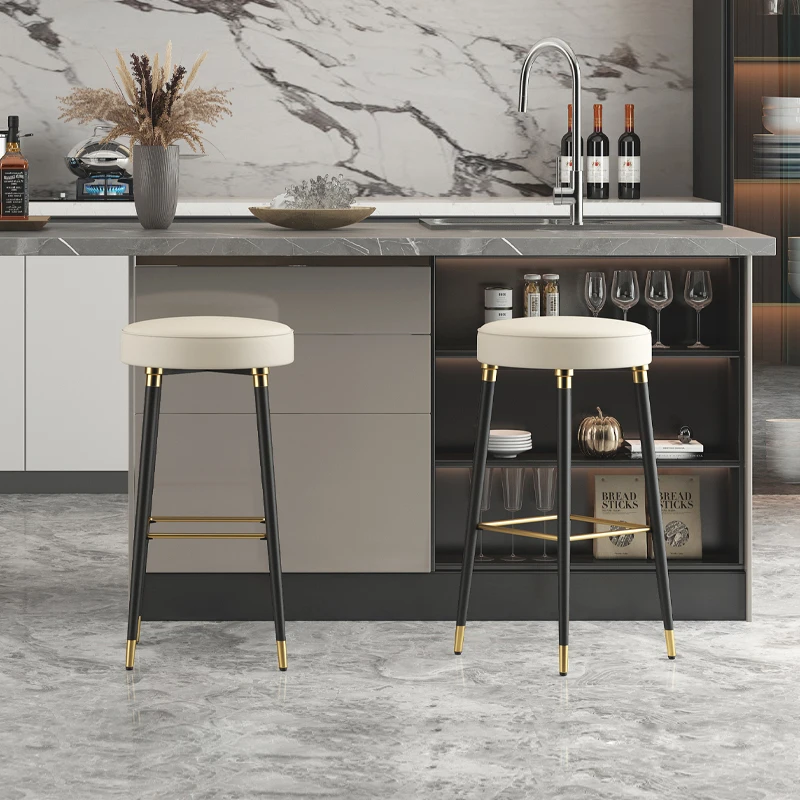 

Leather Low Beige Bar Chair Round Modern Nordic Luxury Counter Dining Chair Reception Metal Minimalist Cadeira Furniture Chair