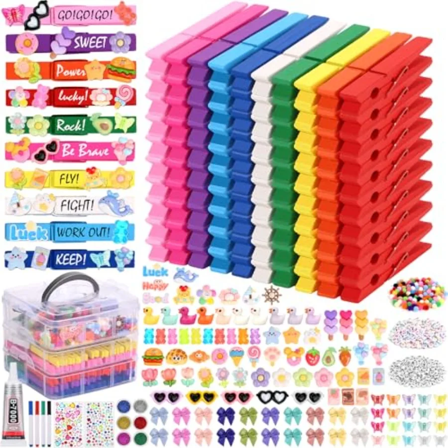 

Cheer Pins Spirit Clips100 Colored Clothes Wooden Pins 112 Mini Resin Charms Bows Sticker 300 Beads Pompoms Cheer Clothespins D