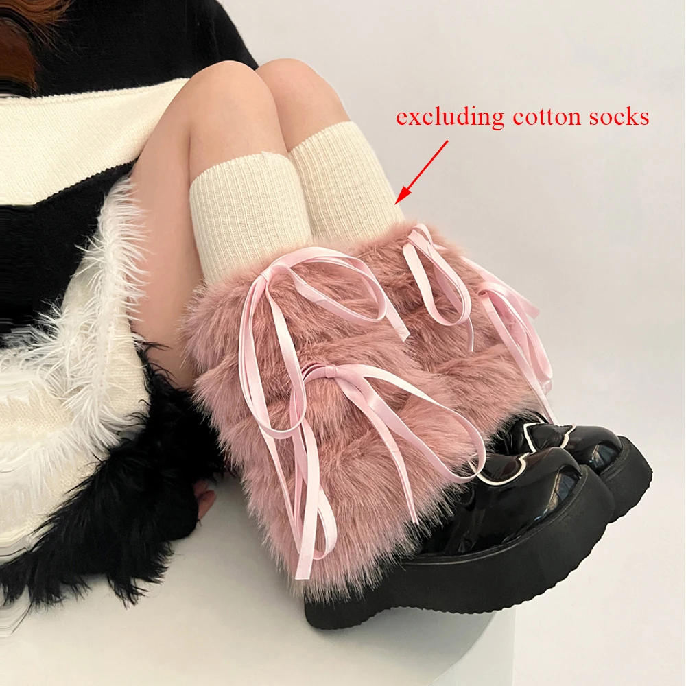 Faux Rabbit Fur Women Leggings Boots Cover Winter Warm Thickened Bow Knot Leg Warmers Ladies Lolita Harajuku Solid Leg Socks