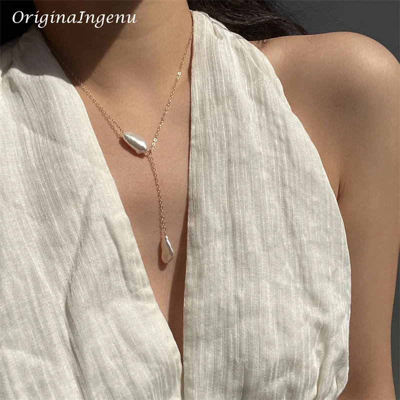 Natural Baroque Pearl Necklace Gold Y Choker 14K Gold Filled Handmade Pendants Tarnish Resistant Boho Jewelry for Women