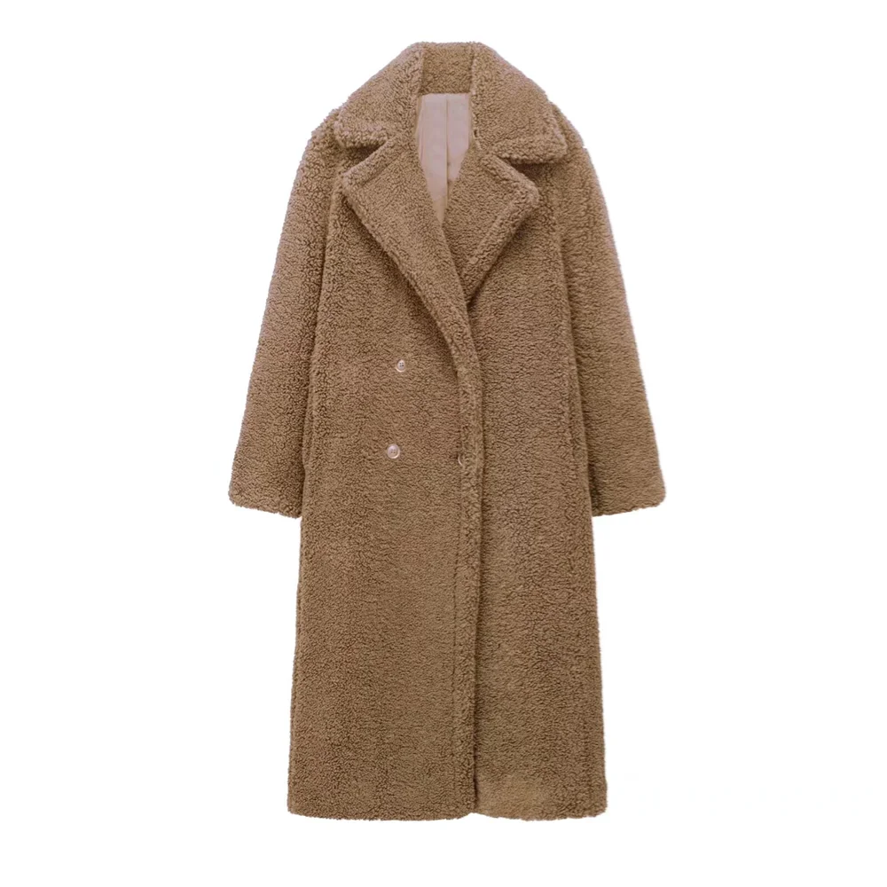 PB&ZA2024 Winter New Women\'s Clothing Style Simple and High end Sense Flip Collar Lamb Wool Fleece Thick Long Coat Coat