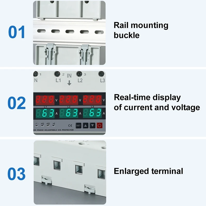 3-fase over- en onderspanningsbeveiliging Verstelbare overstroombeveiliging Din-rail Voltmeter Ampèremeter Relaisbeschermer 63A / 100A