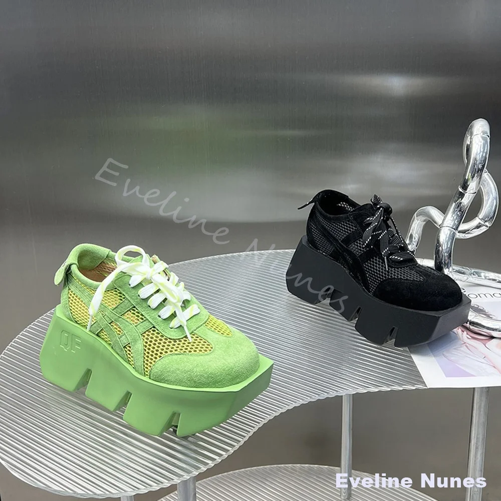 

Breathable Mesh Platform Casual Shoes Women Summer Cross Tied New Suede Height-Increasing Shoes 2026 Green Fashion Sandals