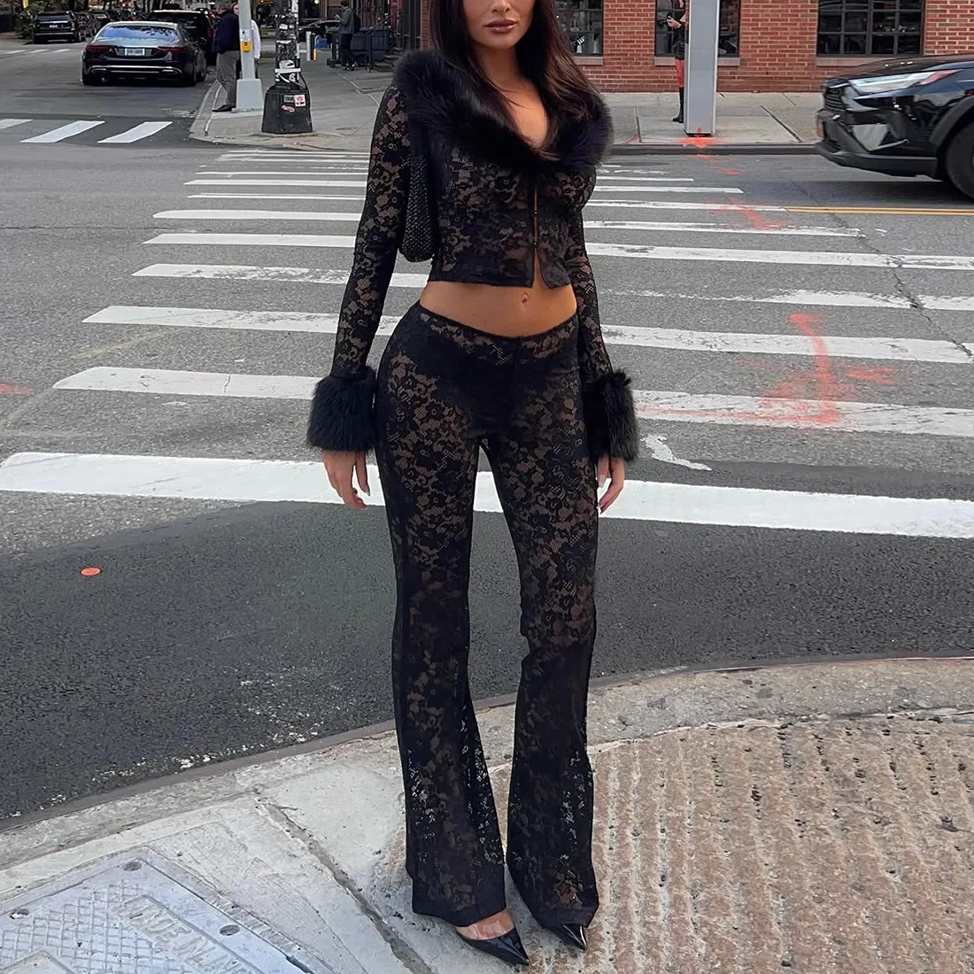 

Sexy Patchwork Women 2 Piece Set Jacquard Fur Single-Button Jacket+Flare Pants Matching Midnight Party Clubwear Suits Female