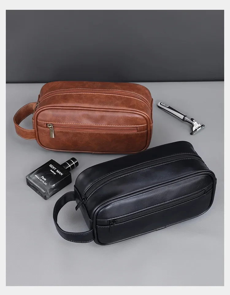 Kulturbeutel aus Leder für Herren, für Reisen, Geschäftsreisen, tragbare Kosmetiktasche, großes Fassungsvermögen, mehrere Taschen, handgehaltener Kulturbeutel aus Leder – Detail 11